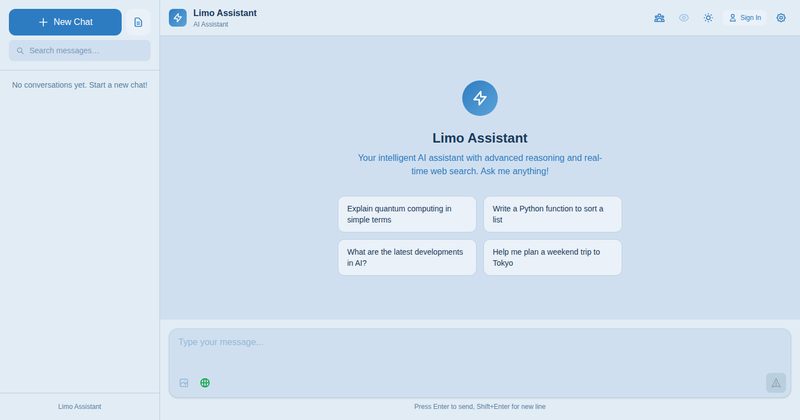 Screenshot of Limo Assistant — the personal AI chat interface
